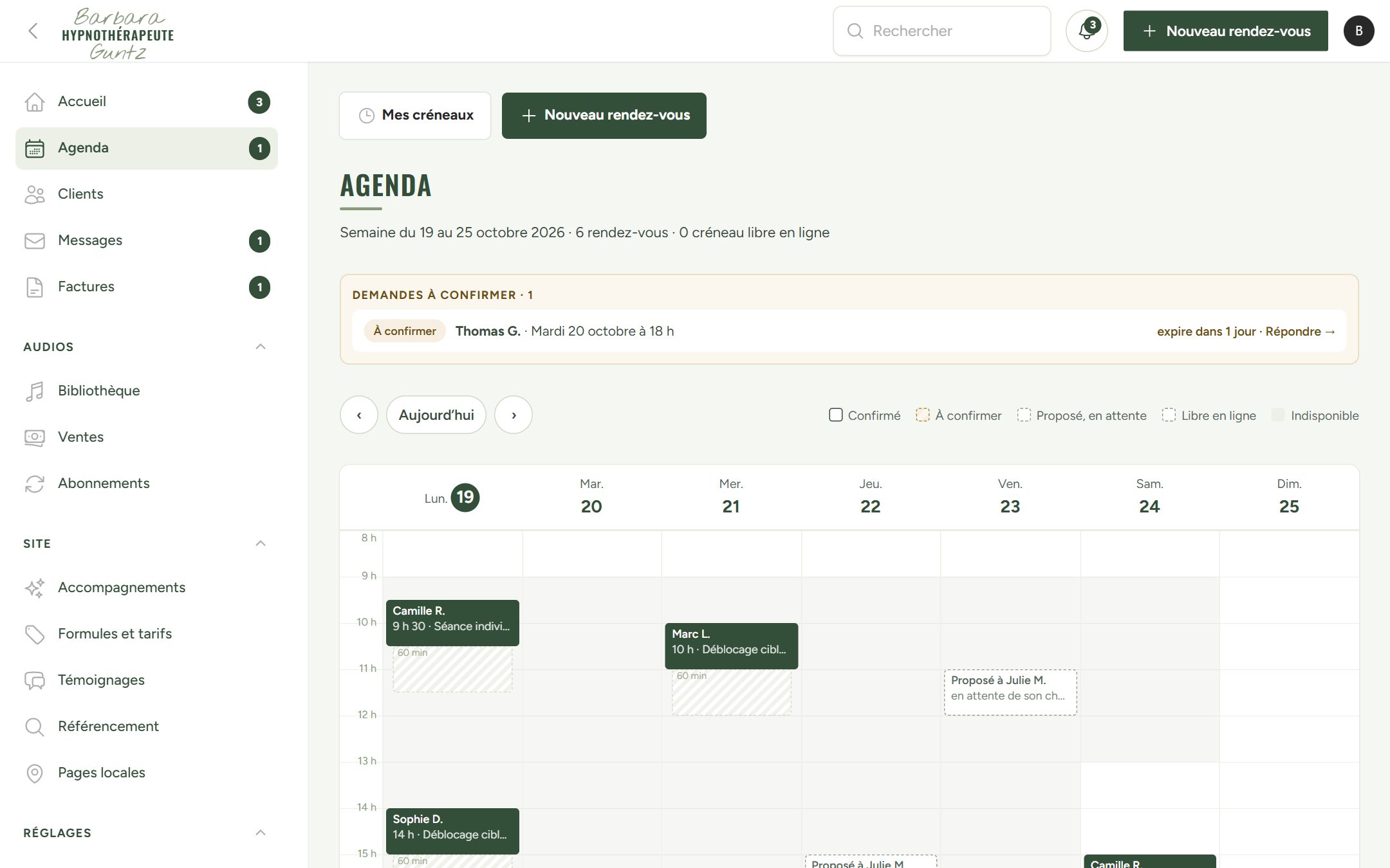 Application de gestion de Barbara Guntz Hypnose : L’agenda de la semaine, trajets compris