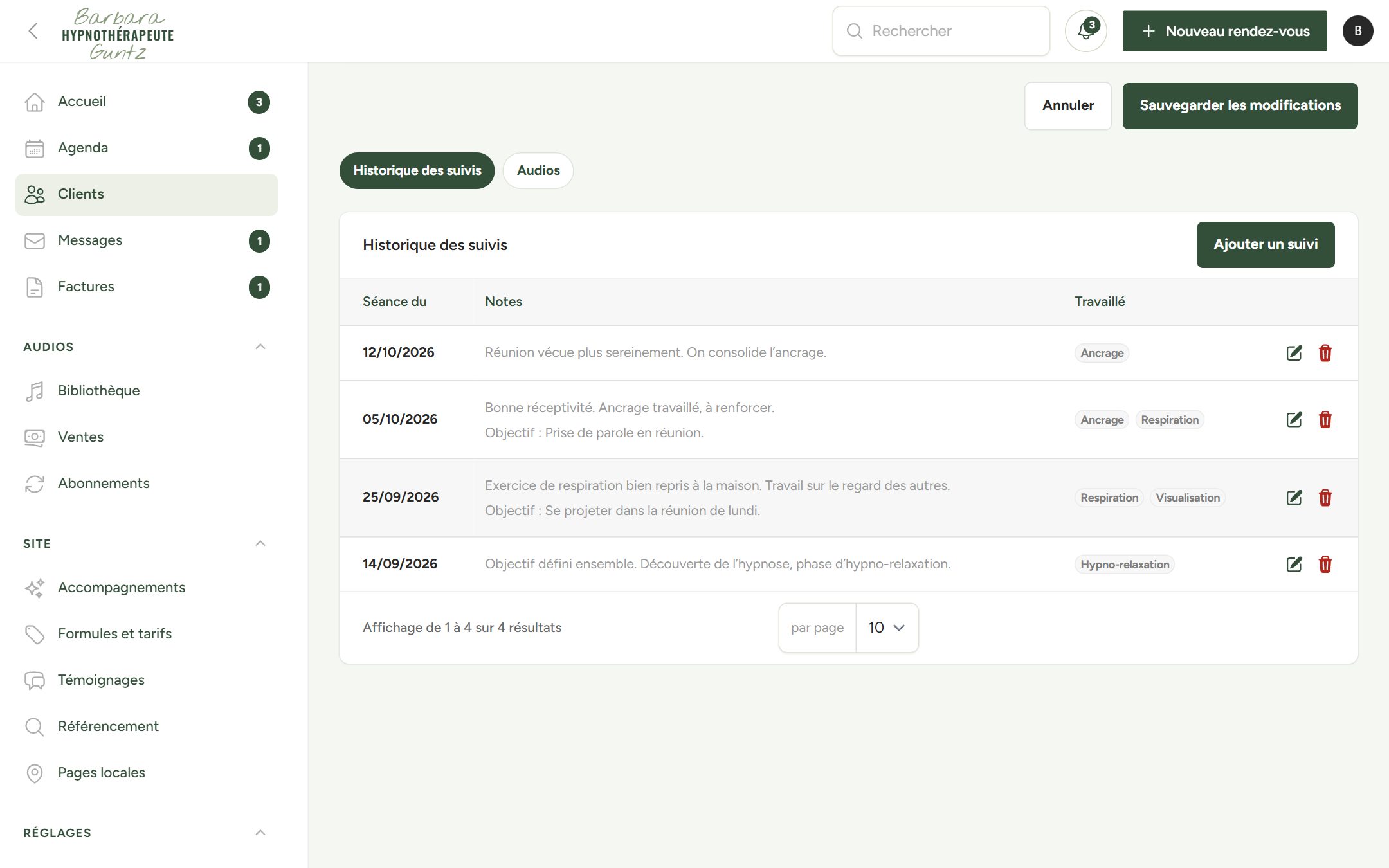 Application de gestion de Barbara Guntz Hypnose : La fiche client et l’historique des séances