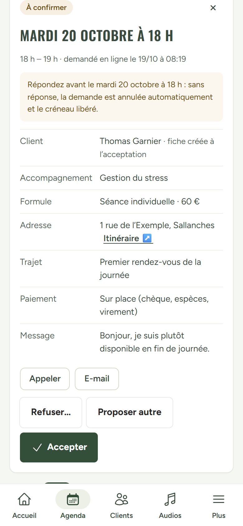 Application de gestion de Barbara Guntz Hypnose sur téléphone : Une demande de rendez-vous, acceptée ou déplacée d’un geste