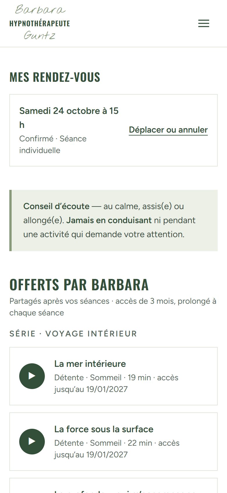 Application de gestion de Barbara Guntz Hypnose sur téléphone : L’espace client : rendez-vous et audios offerts