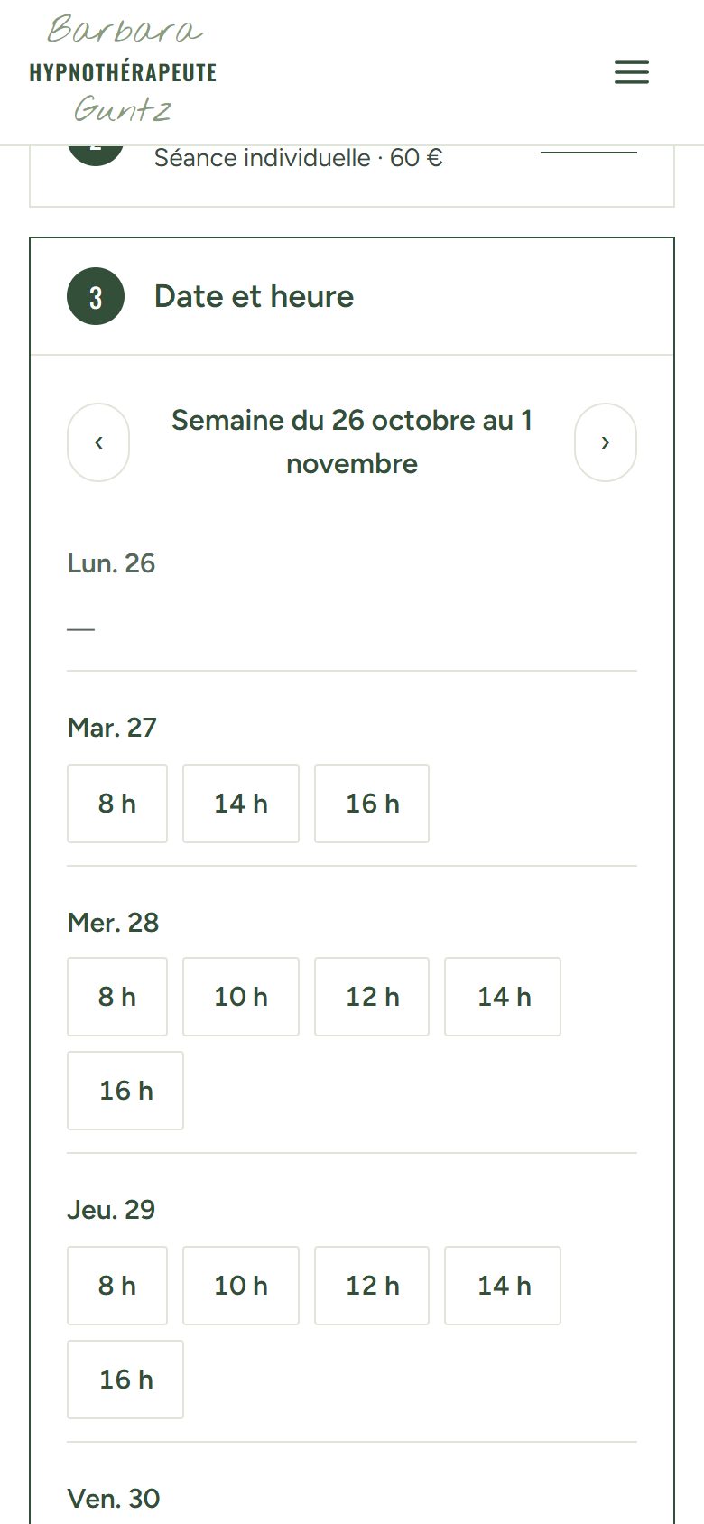 Application de gestion de Barbara Guntz Hypnose sur téléphone : Côté client : choisir son créneau en ligne