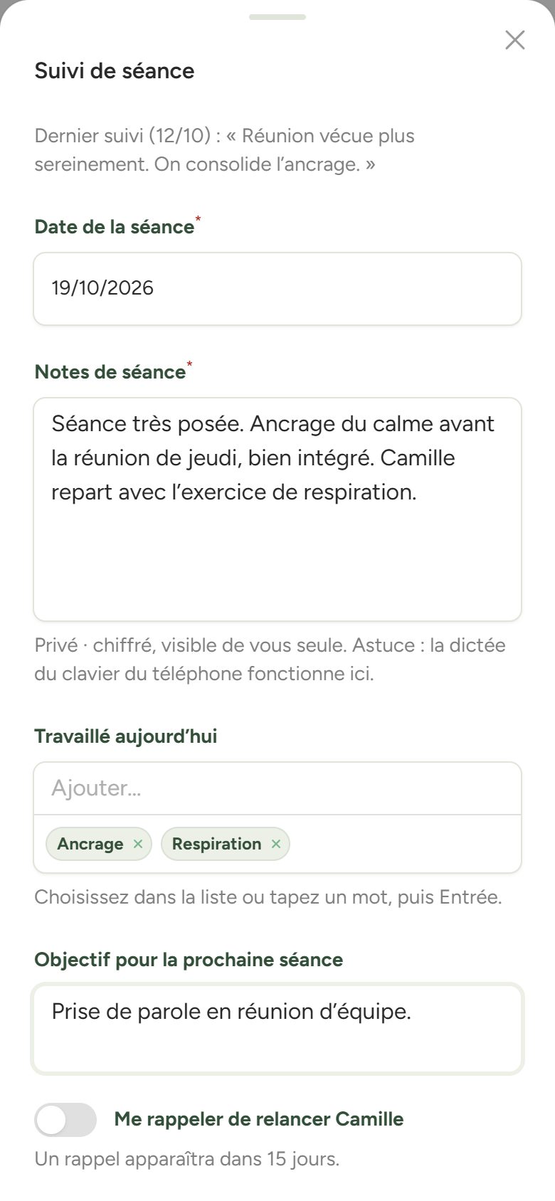 Application de gestion de Barbara Guntz Hypnose sur téléphone : Le suivi de séance, noté juste après