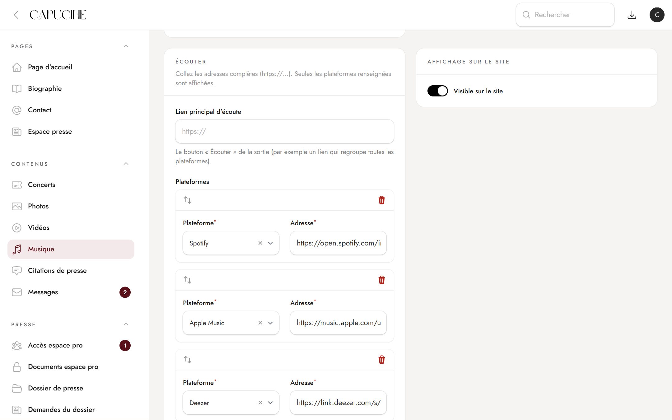 Application de gestion de Capucine : Une sortie et ses liens d’écoute, plateforme par plateforme