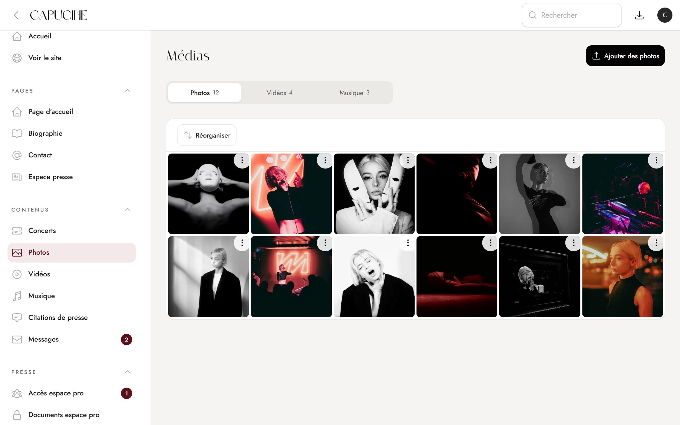 Application de gestion de Capucine : La galerie : ajouter, réordonner ou retirer des photos