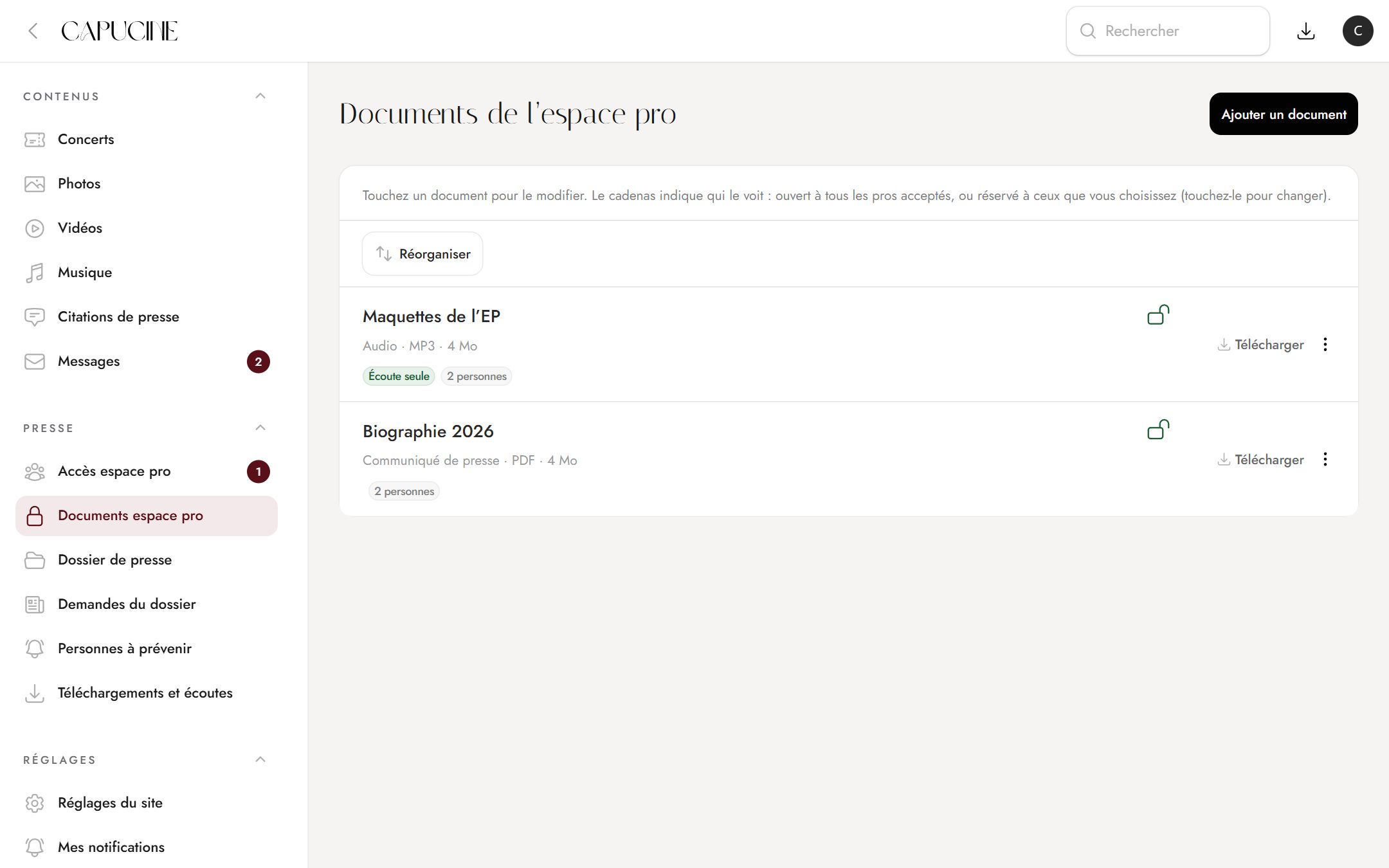 Application de gestion de Capucine : Les documents de l’espace pro, en écoute seule ou à télécharger