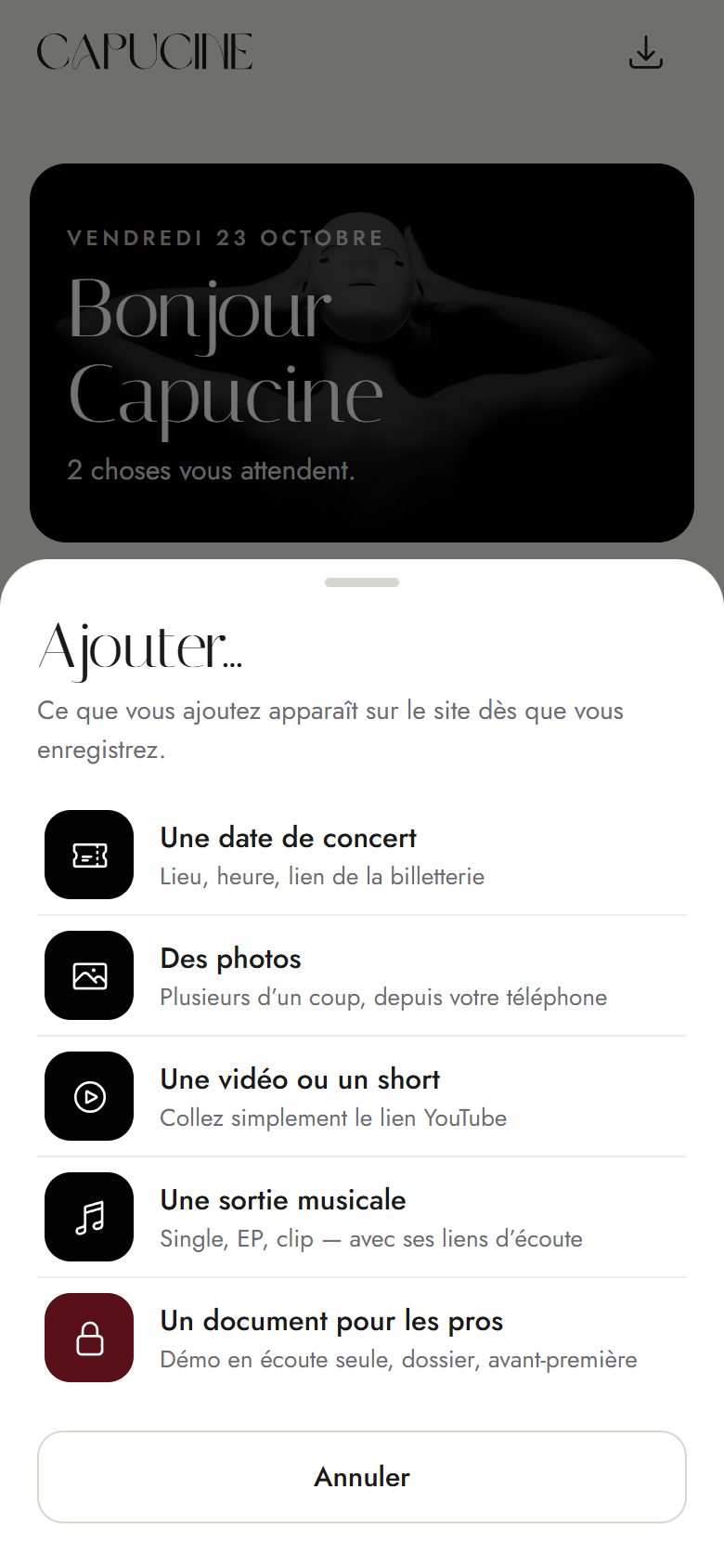 Application de gestion de Capucine sur téléphone : Tout s’ajoute d’un geste : une date, des photos, une vidéo, une sortie