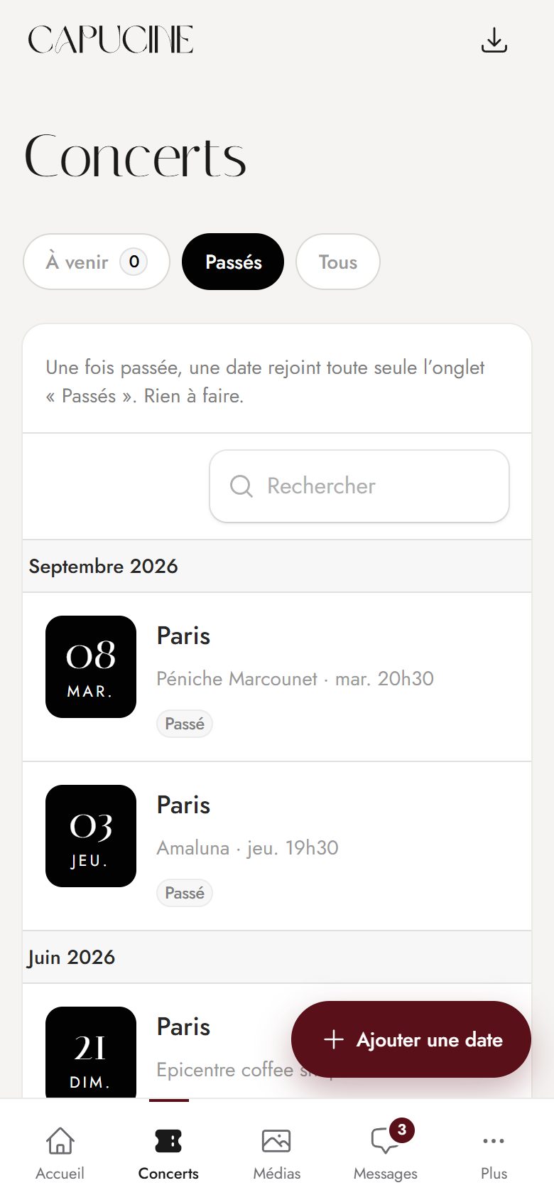 Application de gestion de Capucine sur téléphone : Les concerts, rangés par mois