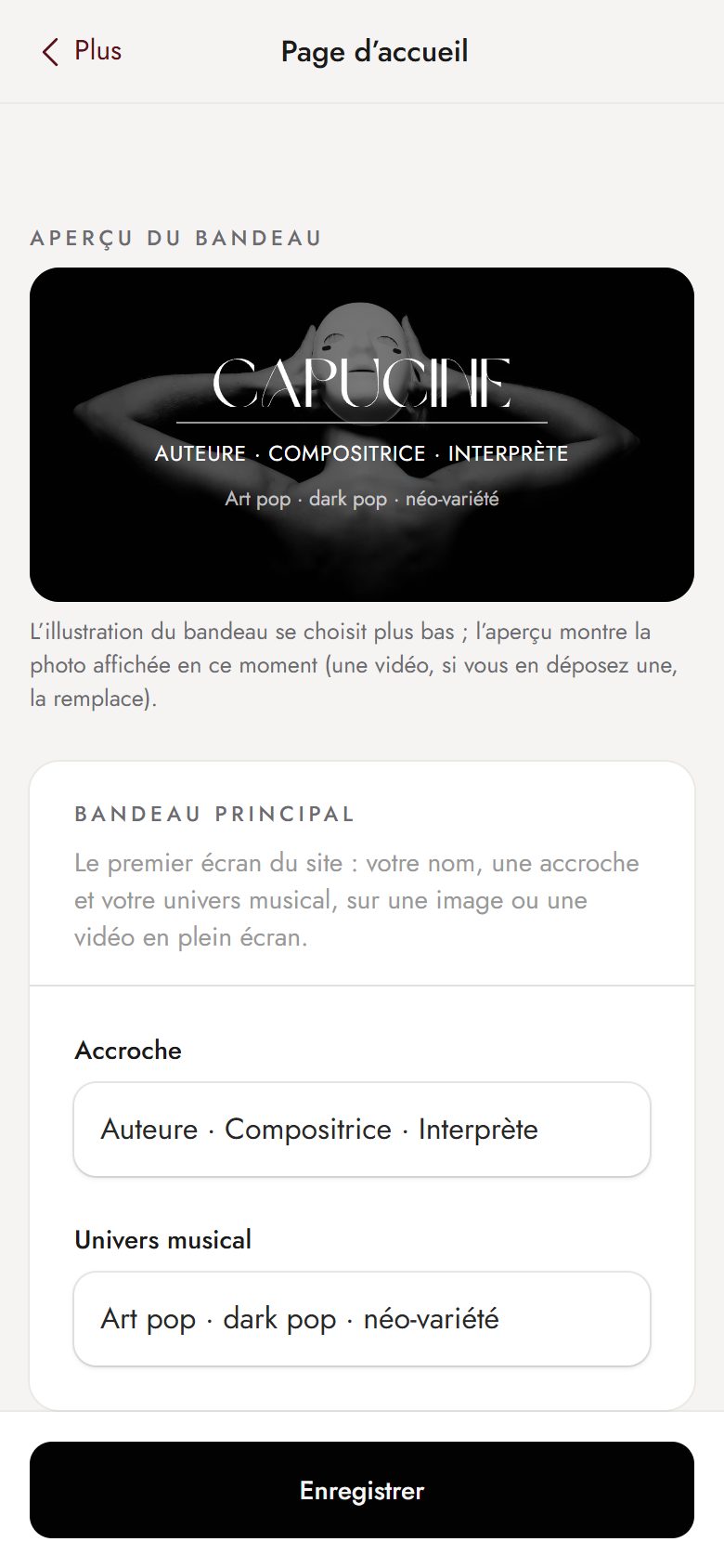 Application de gestion de Capucine sur téléphone : La page d’accueil : l’aperçu du bandeau et ses textes