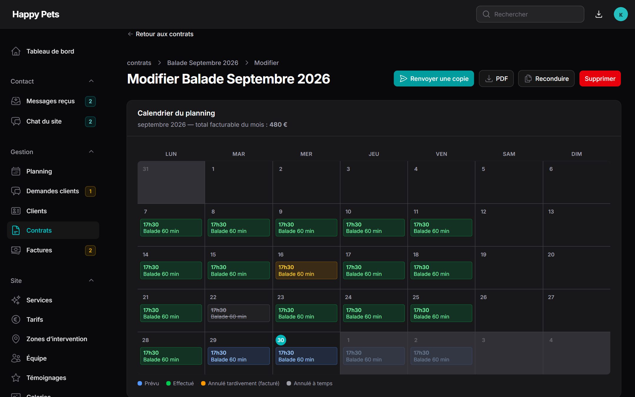 Application de gestion de Happy Pets : Le contrat et son calendrier