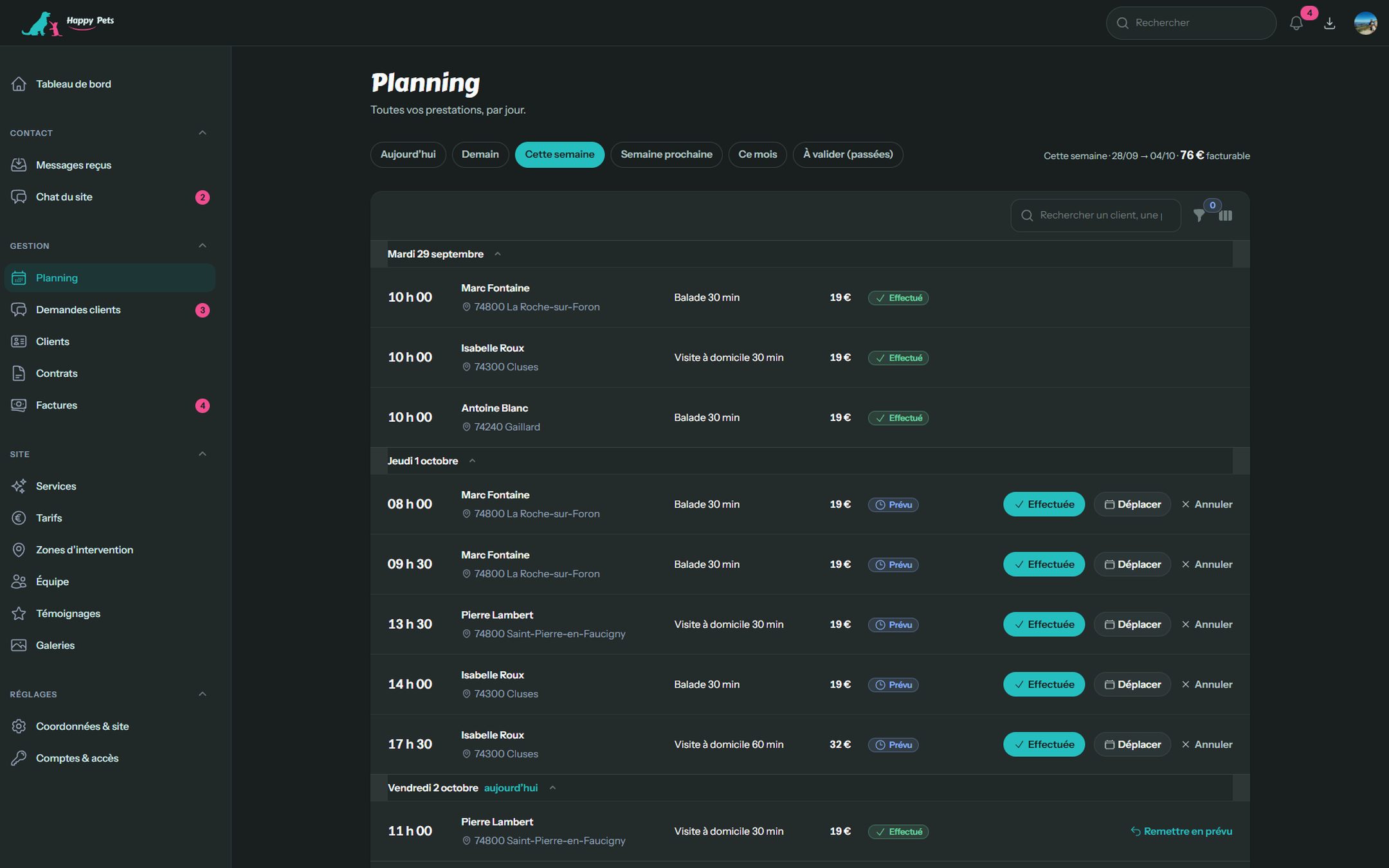Application de gestion de Happy Pets : Le planning de la semaine