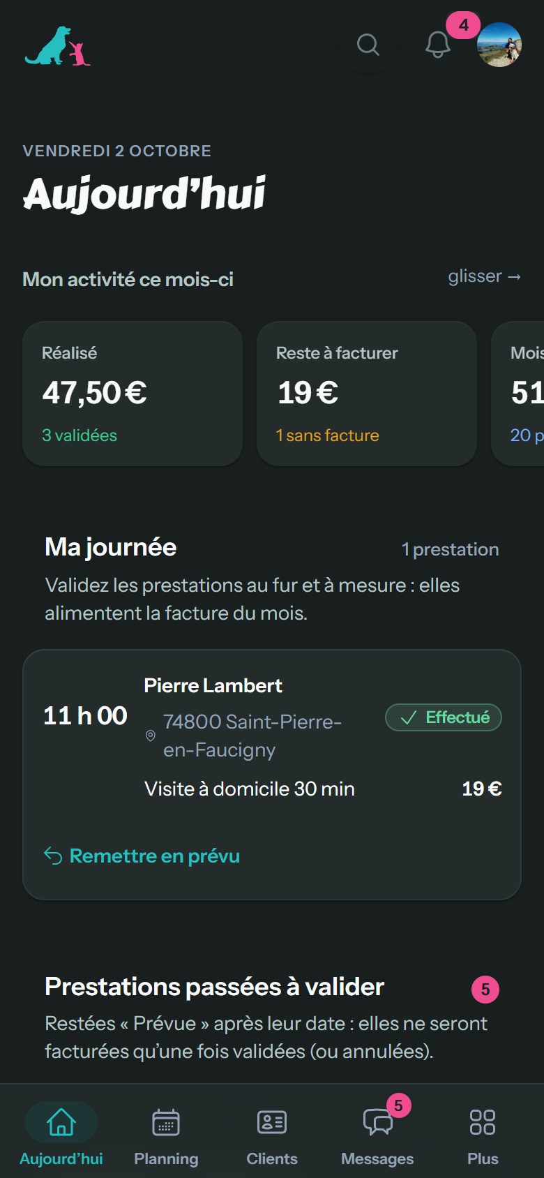 Application de gestion de Happy Pets sur téléphone : Aujourd’hui : la journée en un coup d’œil