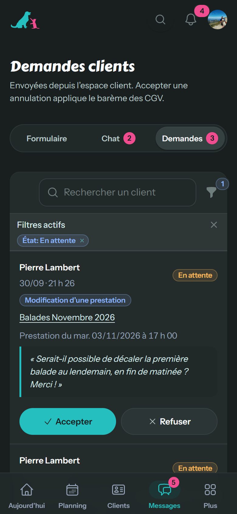 Application de gestion de Happy Pets sur téléphone : Les demandes des clients, en un geste