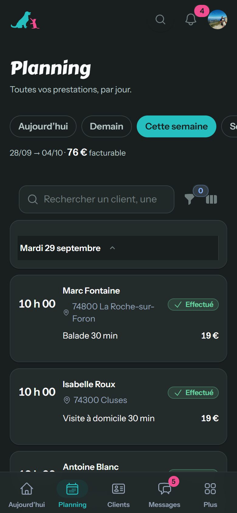 Application de gestion de Happy Pets sur téléphone : Le planning, prestation par prestation