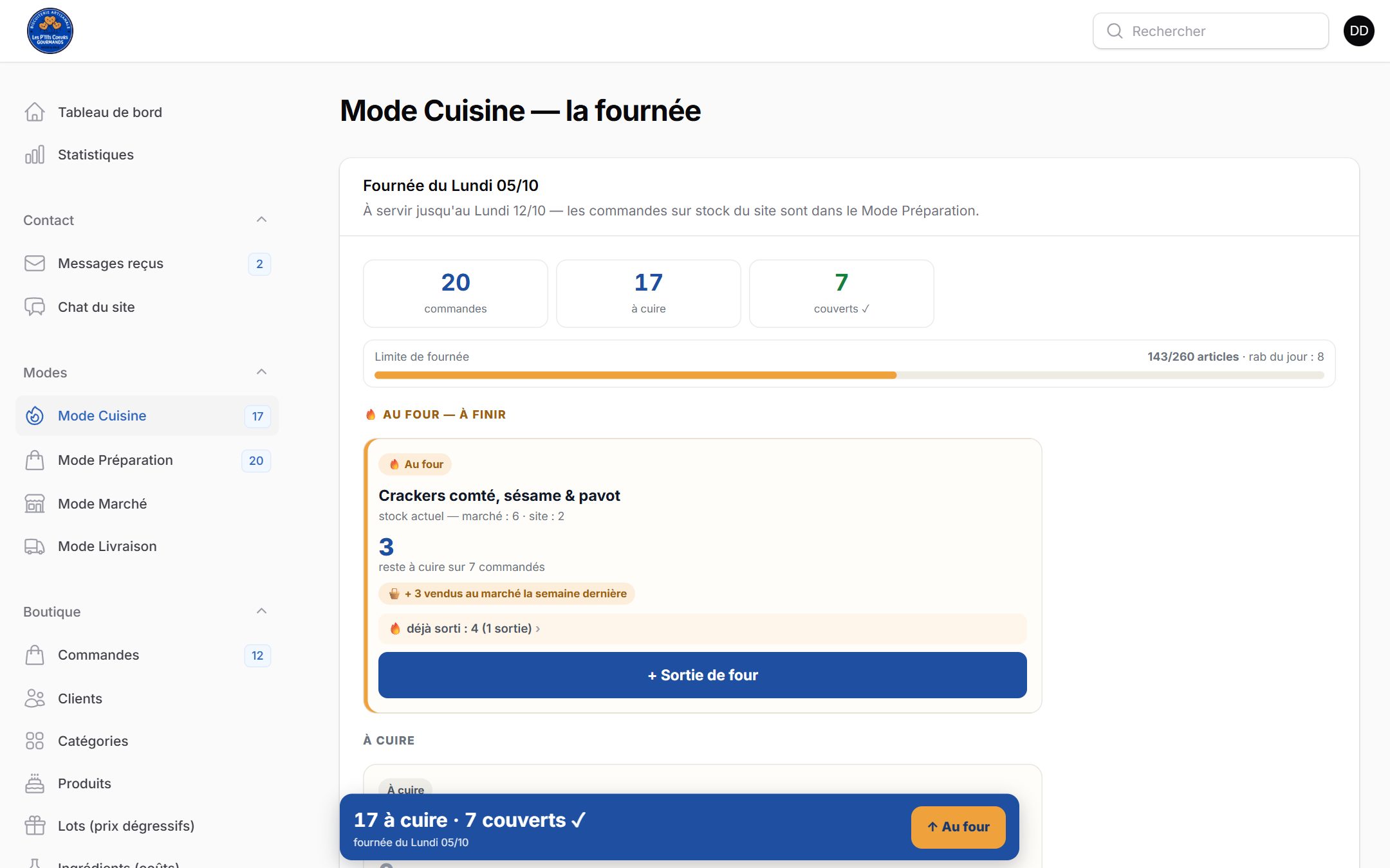 Application de gestion de Les P'tits Cœurs Gourmands : Le planning des cuissons de la fournée