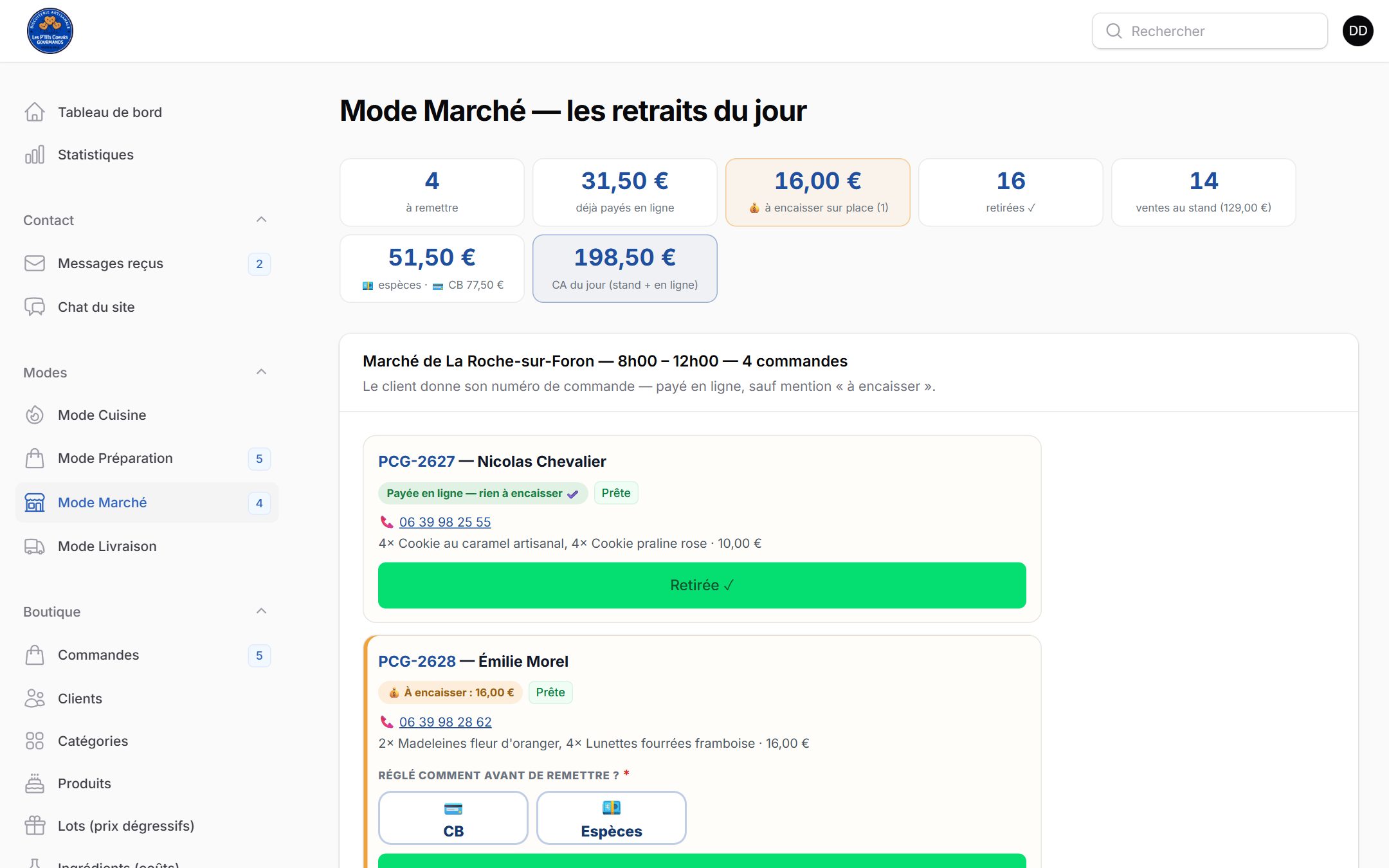 Application de gestion de Les P'tits Cœurs Gourmands : Le jour de marché : les retraits à remettre