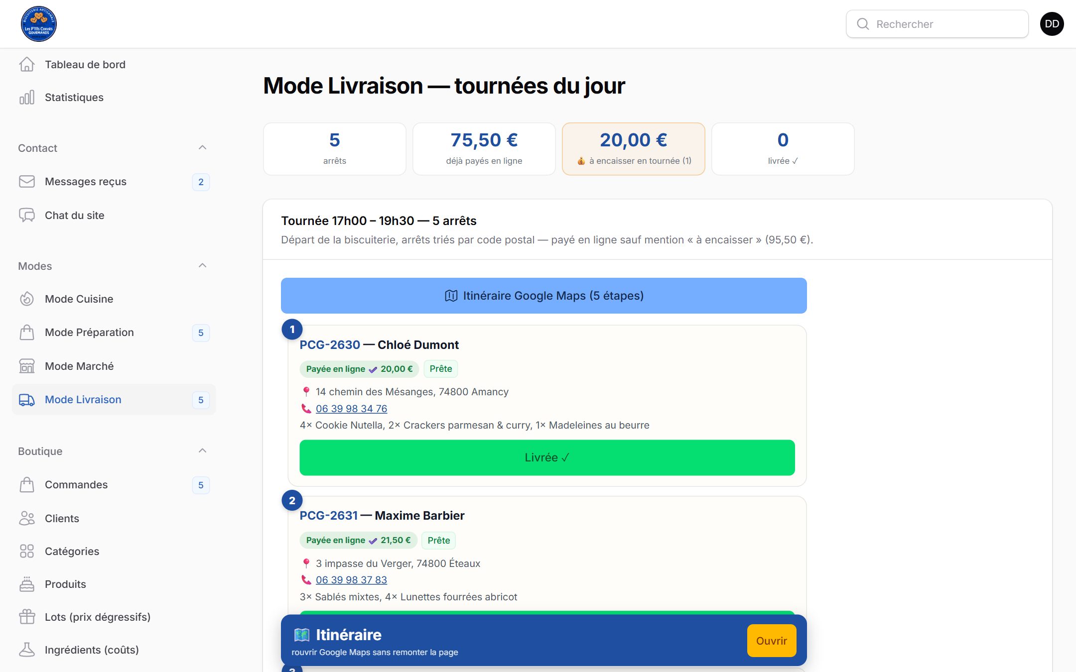 Application de gestion de Les P'tits Cœurs Gourmands : Les tournées de livraison