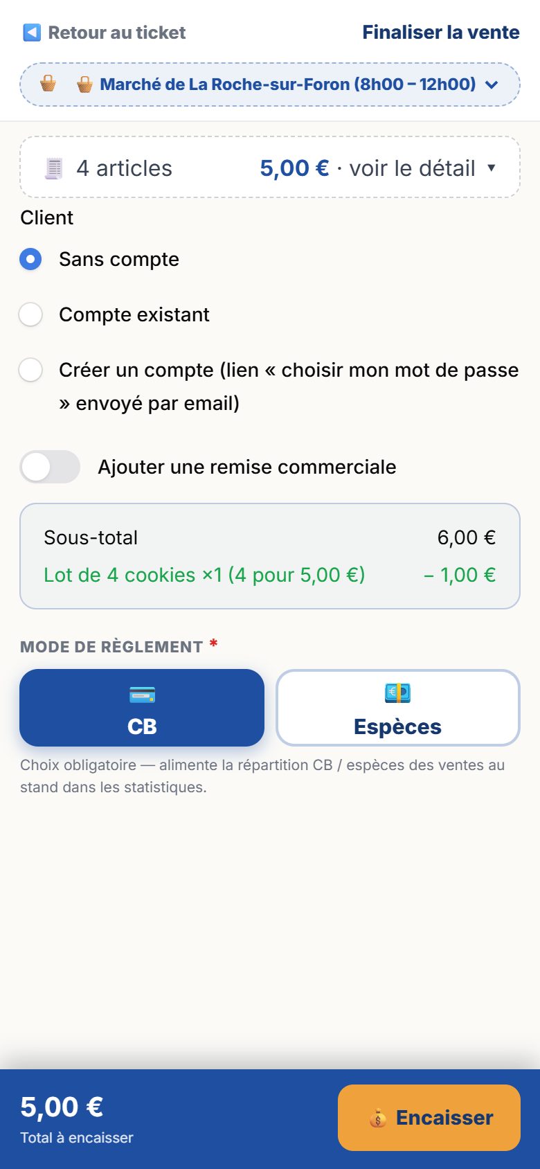 Application de gestion de Les P'tits Cœurs Gourmands sur téléphone : L’encaissement au stand