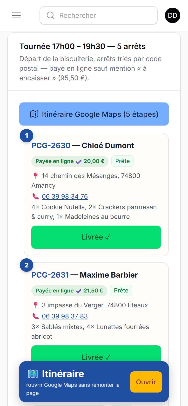 Application de gestion de Les P'tits Cœurs Gourmands sur téléphone : La tournée, dans la poche