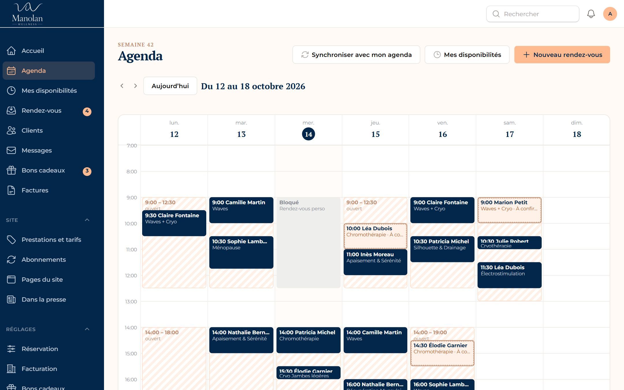 Application de gestion de Manolan Wellness : L’agenda de la semaine, synchronisé avec son téléphone