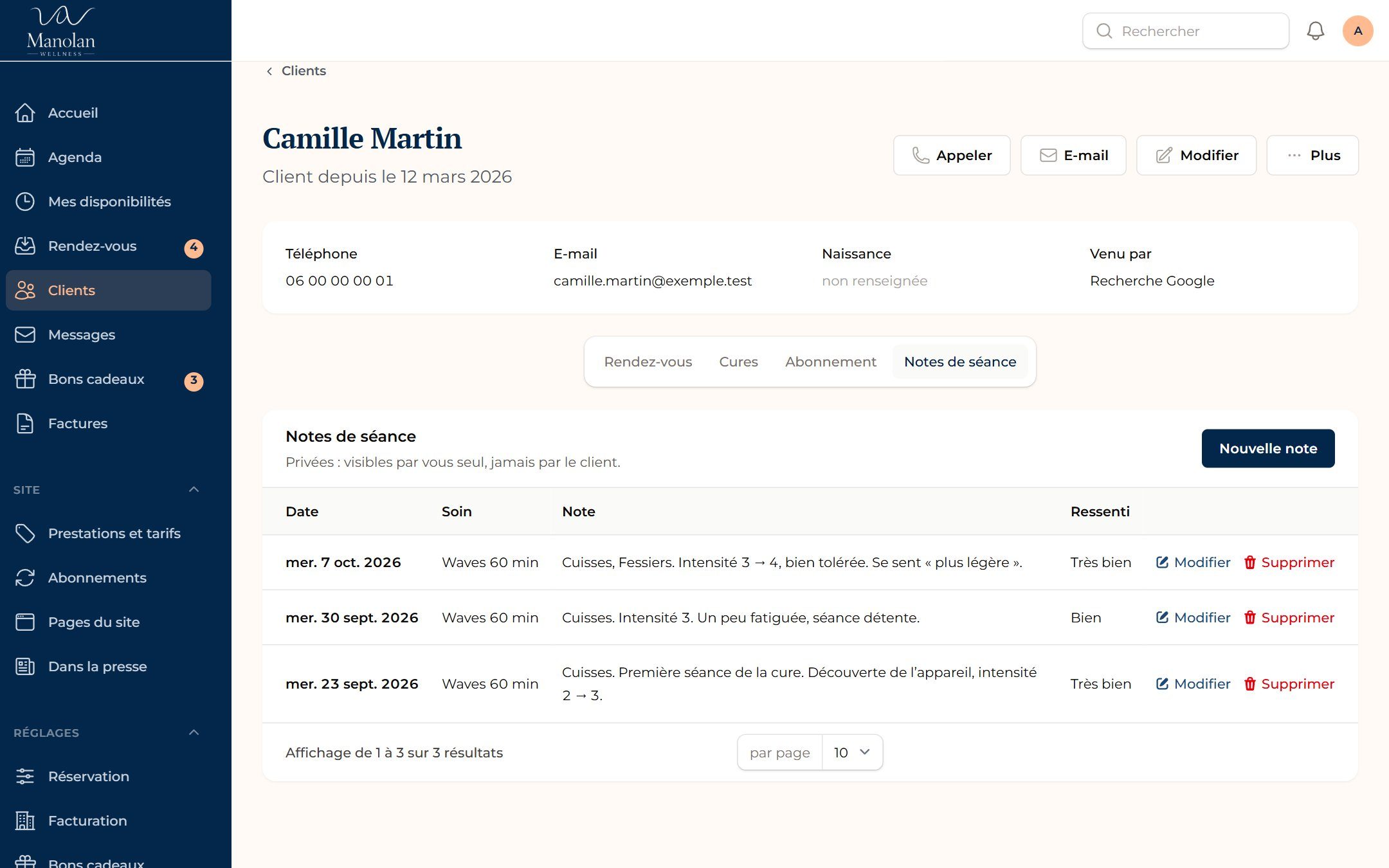 Application de gestion de Manolan Wellness : La fiche client : rendez-vous, cures et notes de séance