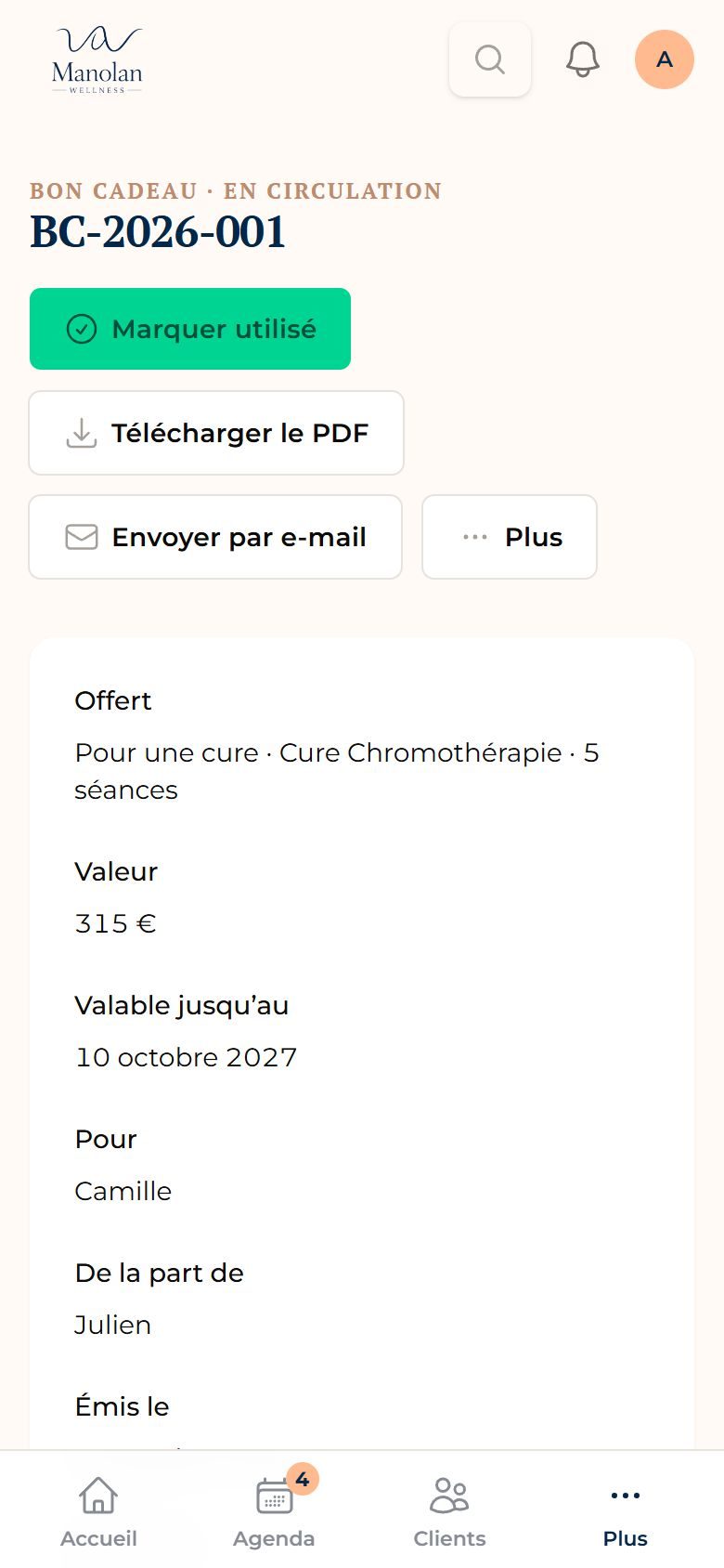 Application de gestion de Manolan Wellness sur téléphone : Un bon cadeau numéroté, suivi jusqu’à son utilisation