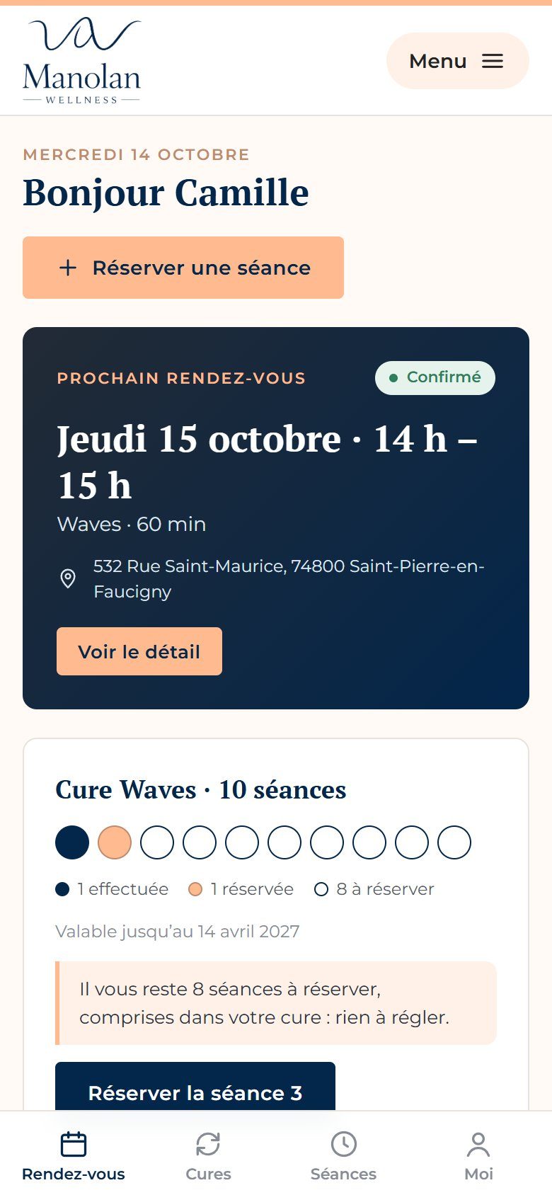 Application de gestion de Manolan Wellness sur téléphone : L’espace client : prochain rendez-vous et cure en cours