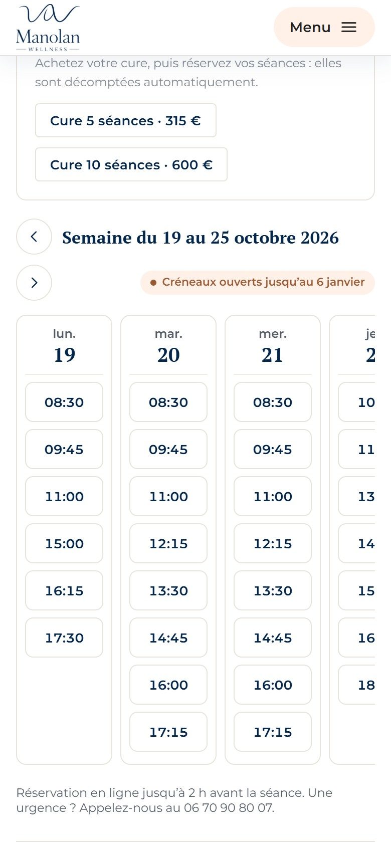Application de gestion de Manolan Wellness sur téléphone : Côté client : choisir son créneau en ligne