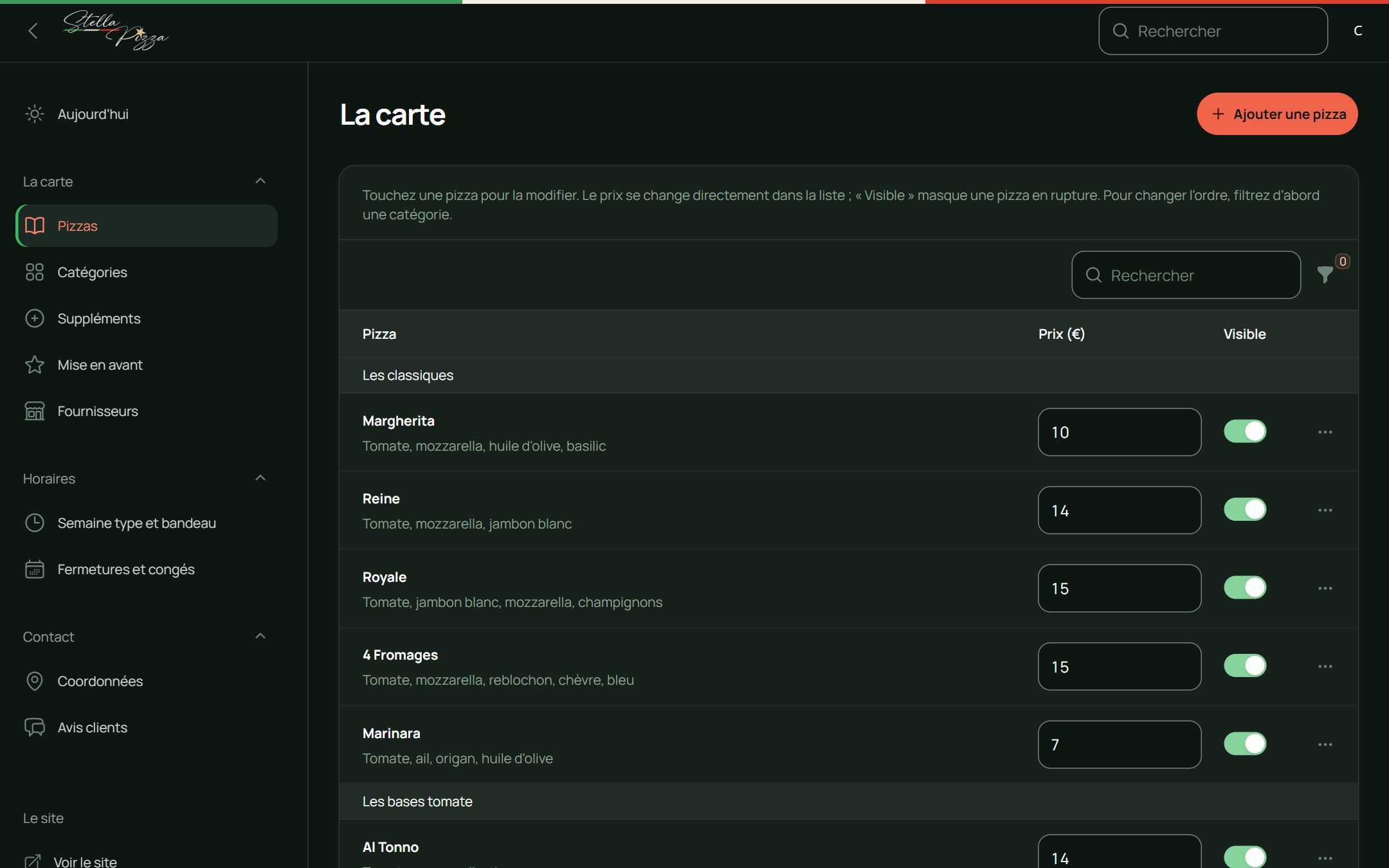 Application de gestion de Stella Pizza : La carte : un prix se change directement dans la liste