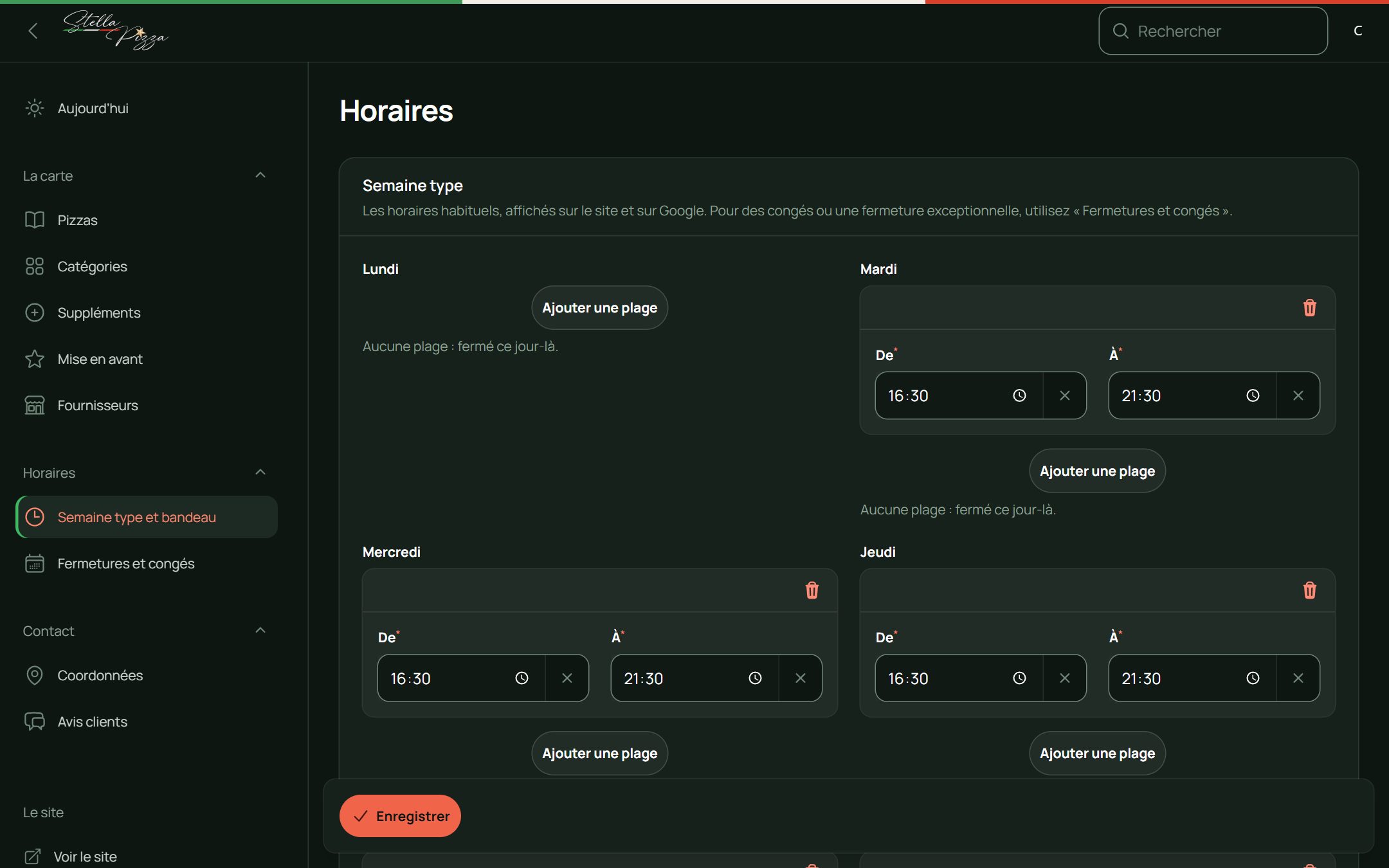 Application de gestion de Stella Pizza : La semaine type : les horaires affichés sur le site