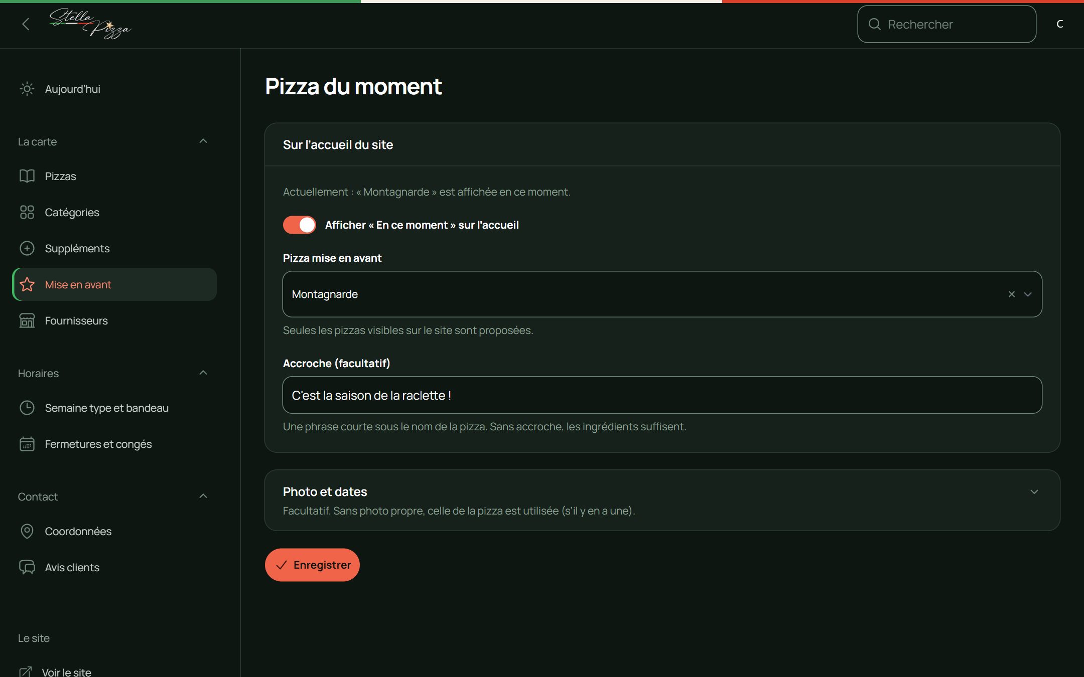 Application de gestion de Stella Pizza : La pizza du moment et sa phrase pour l’accueil