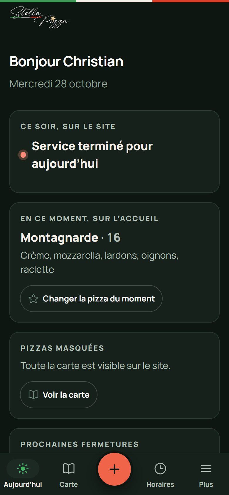 Application de gestion de Stella Pizza sur téléphone : Le même tableau de bord, sur son téléphone