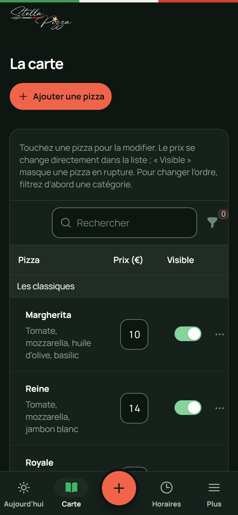 Application de gestion de Stella Pizza sur téléphone : Une pizza en rupture se masque d’un geste
