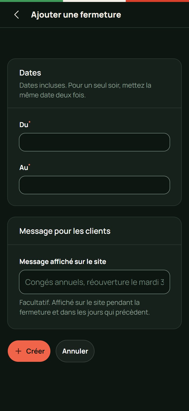 Application de gestion de Stella Pizza sur téléphone : Annoncer des congés ou une fermeture exceptionnelle