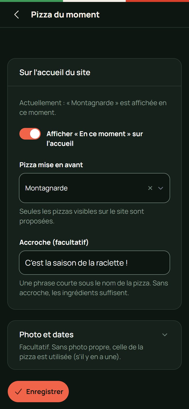 Application de gestion de Stella Pizza sur téléphone : Changer la pizza du moment depuis le téléphone
