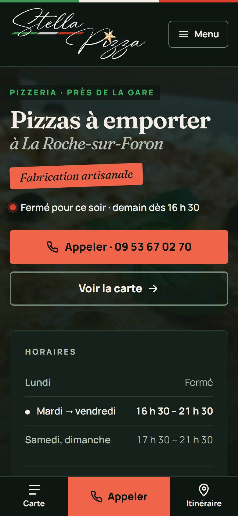 Le site de Stella Pizza sur téléphone