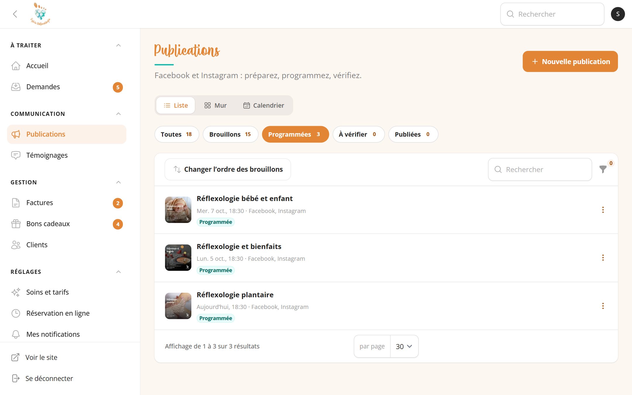 Application de gestion de Sylvie Réflexologie : Les publications Facebook et Instagram programmées