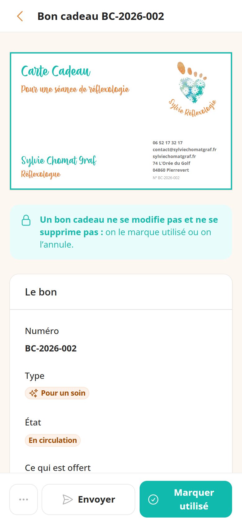 Application de gestion de Sylvie Réflexologie sur téléphone : Un bon cadeau et l’aperçu de sa carte