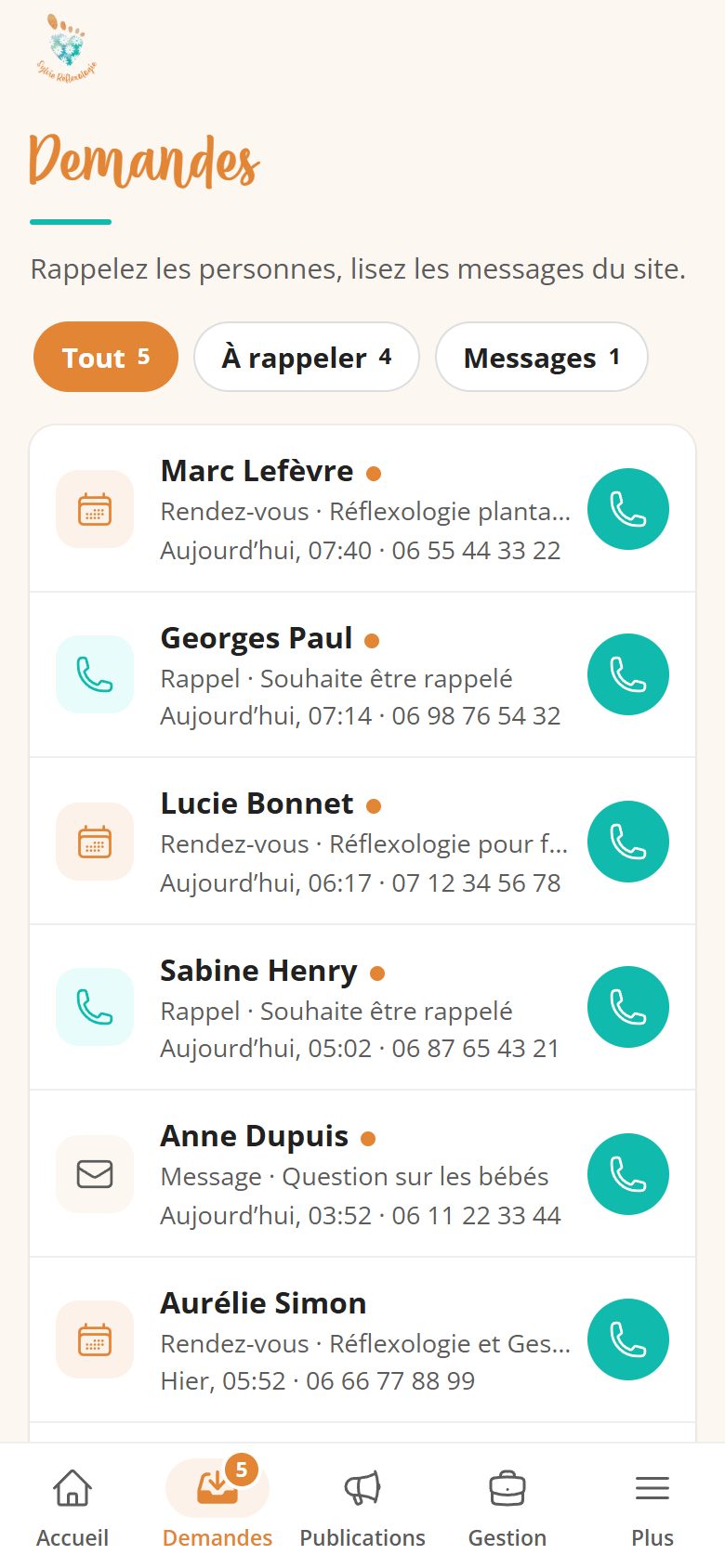 Application de gestion de Sylvie Réflexologie sur téléphone : Les demandes du site, rappelées en un geste