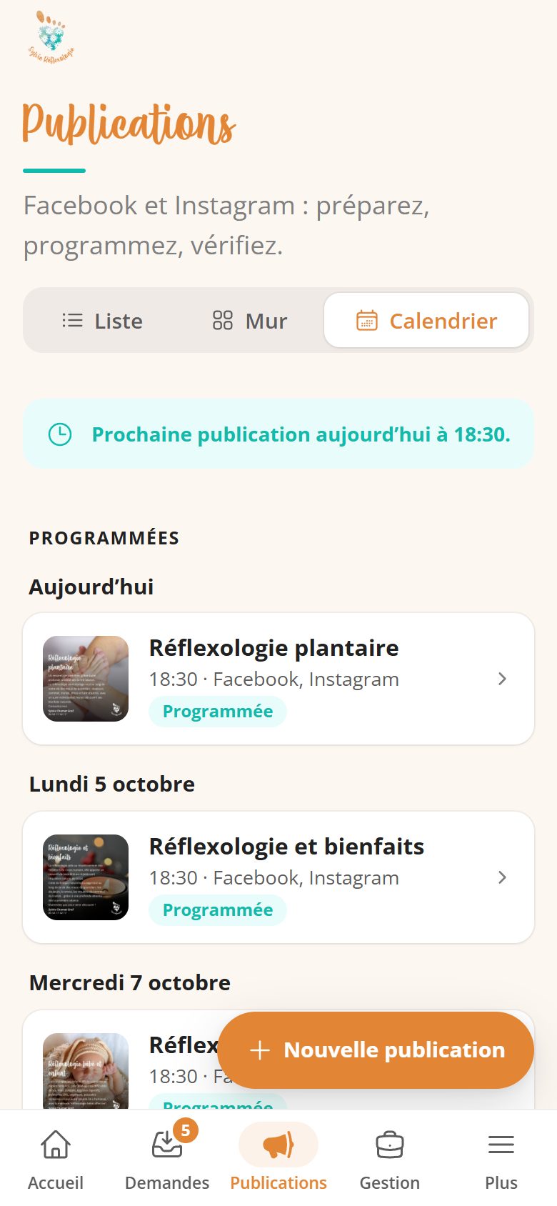 Application de gestion de Sylvie Réflexologie sur téléphone : Les prochaines publications, sur téléphone