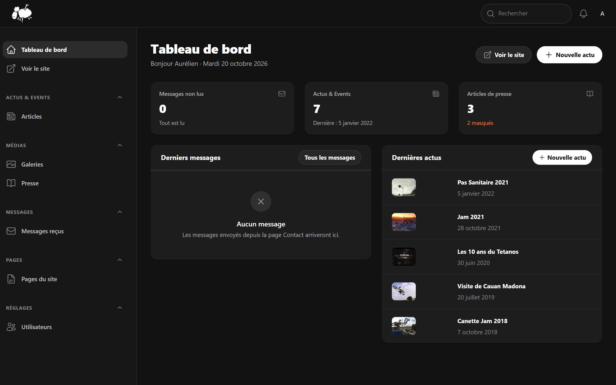 Application de gestion de Tetanos Park : Le tableau de bord : messages, actus et presse d’un coup d’œil