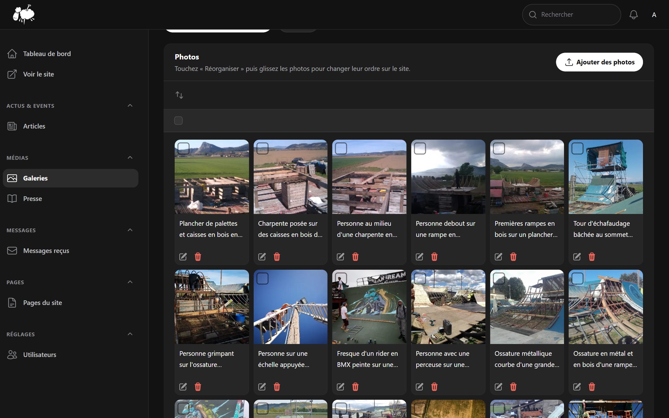 Application de gestion de Tetanos Park : Une galerie : ajouter, retirer ou réordonner les photos