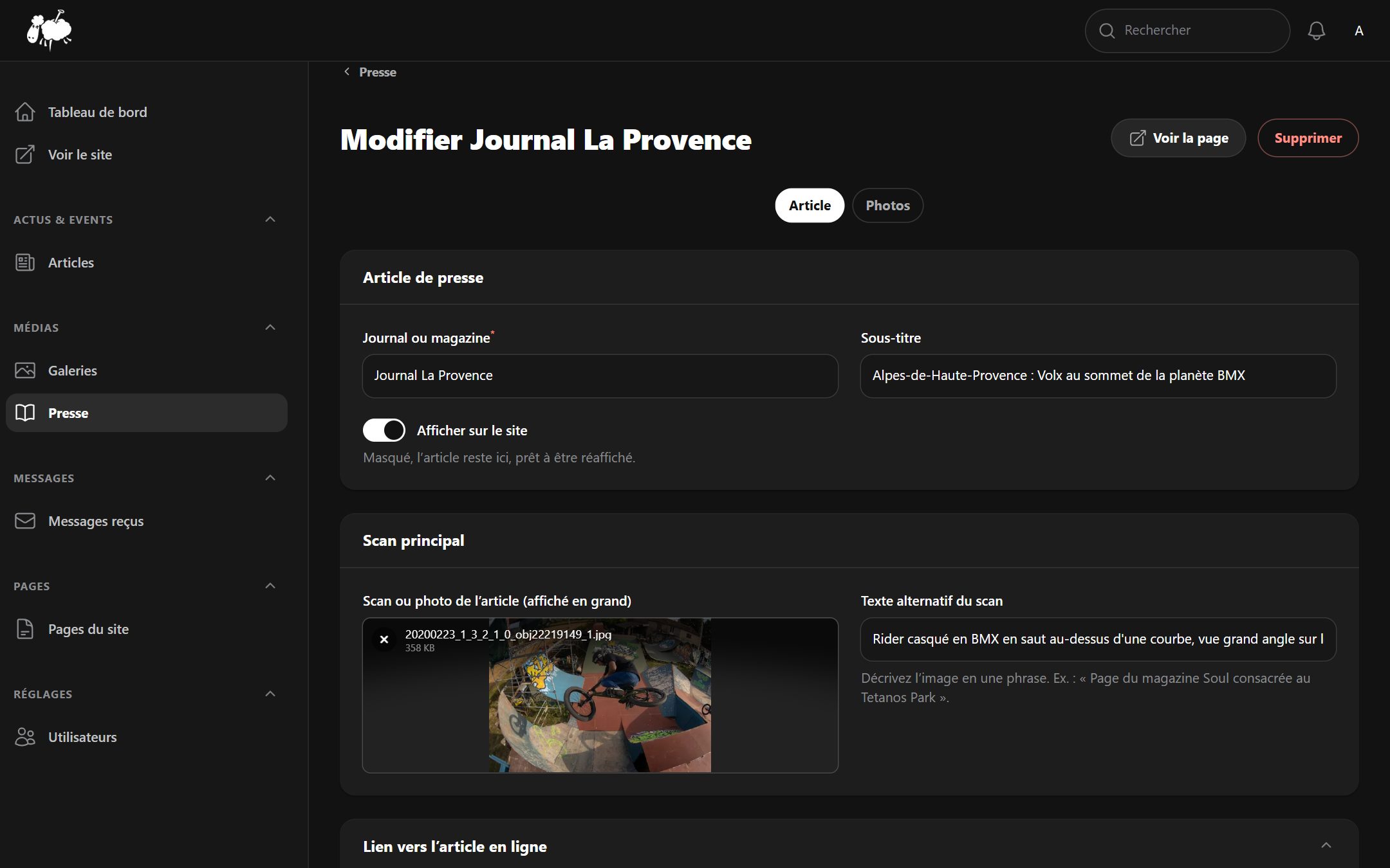 Application de gestion de Tetanos Park : Un article de presse et son scan