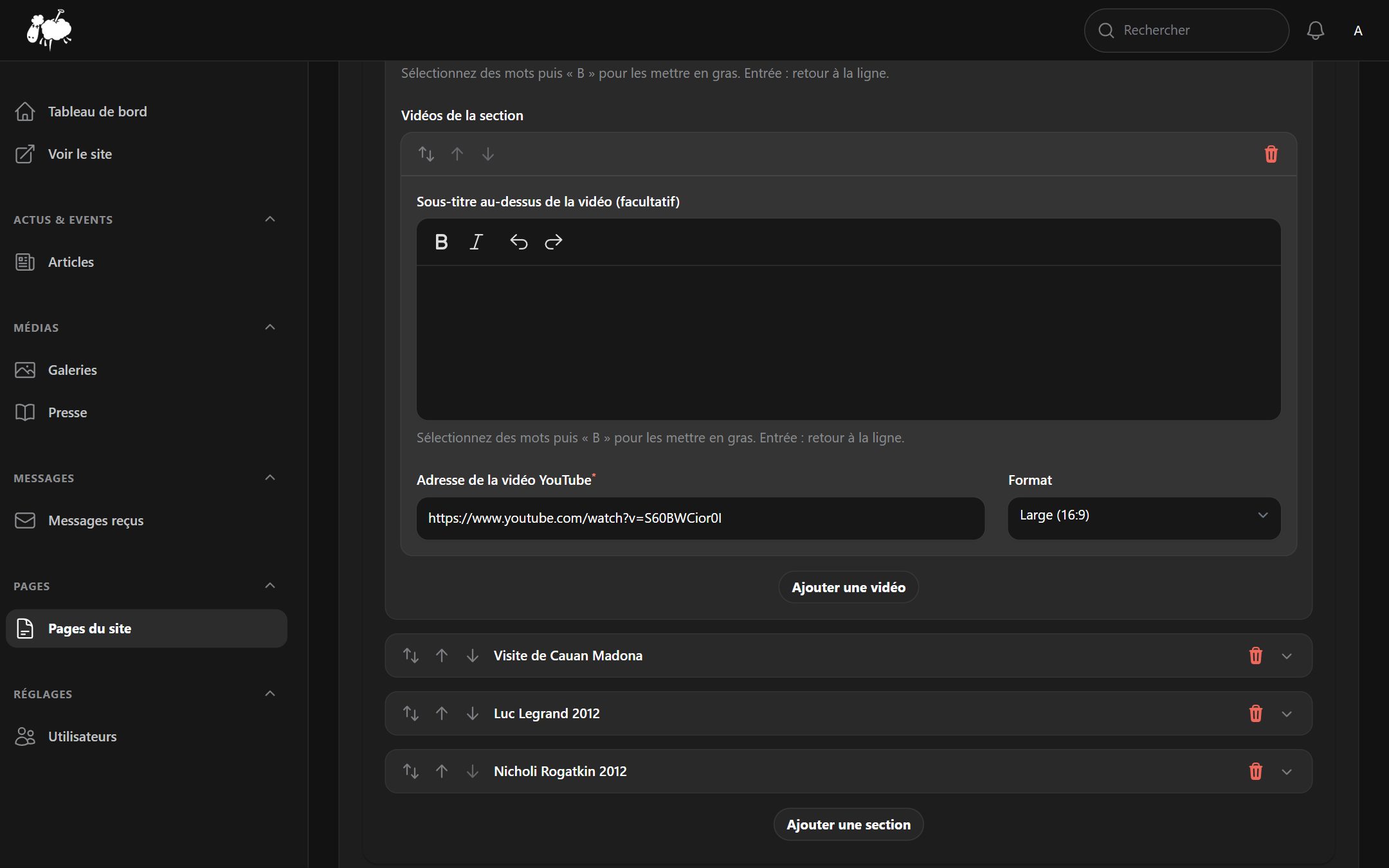 Application de gestion de Tetanos Park : Les vidéos : on colle le lien YouTube, elle est en ligne