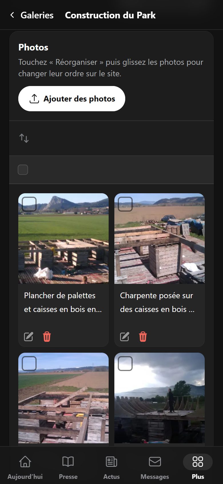 Application de gestion de Tetanos Park sur téléphone : Les photos d’une session, ajoutées depuis le téléphone